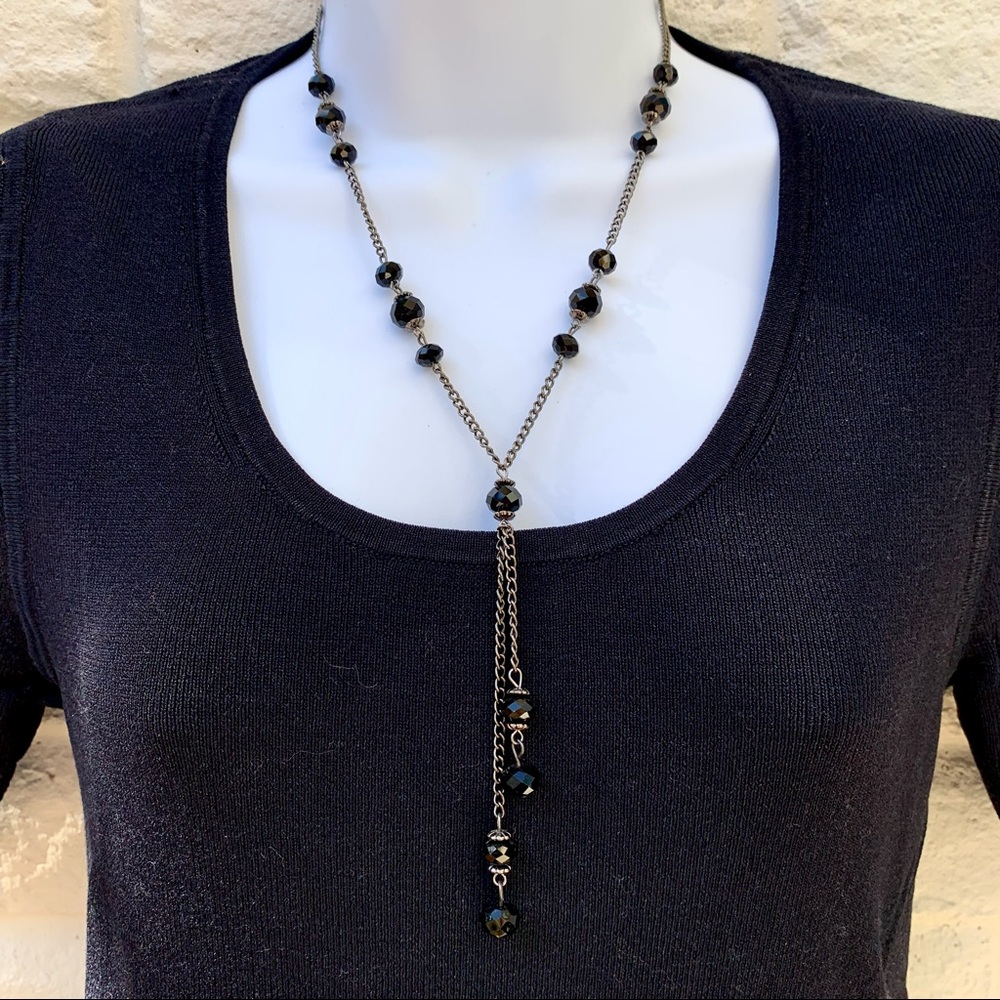 Lariat Necklace Black Facetted Beads Oxidized Silver-Tone Chain - 17”